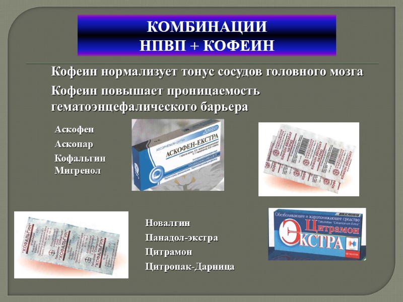 КОМБИНАЦИИ  НПВП + КОФЕИН Кофеин нормализует тонус сосудов головного мозга Кофеин повышает проницаемость